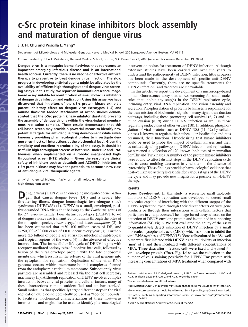C-Src Protein Kinase Inhibitors Block Assembly and Maturation of Dengue Virus