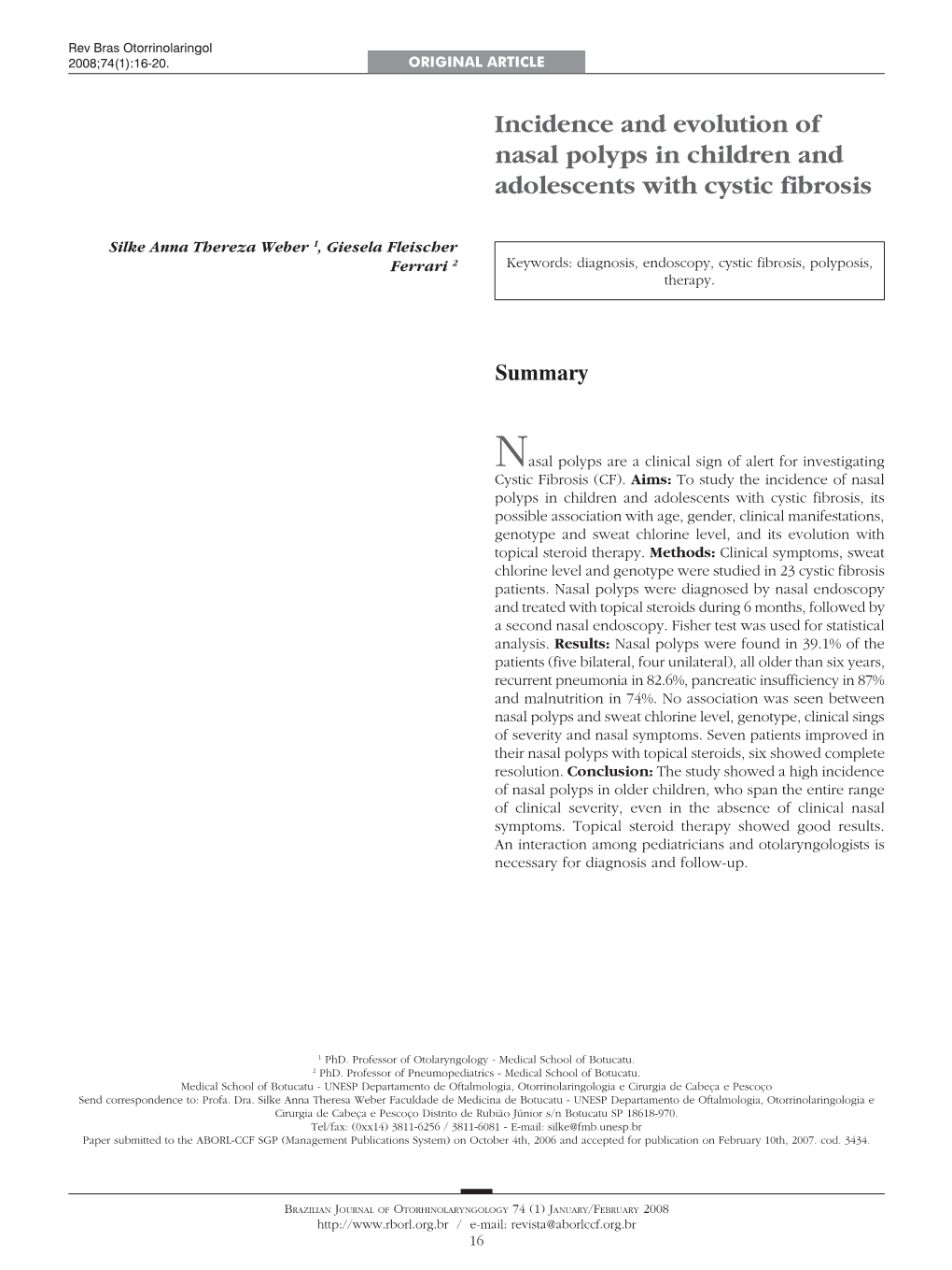 Incidence and Evolution of Nasal Polyps in Children and Adolescents with Cystic Fibrosis