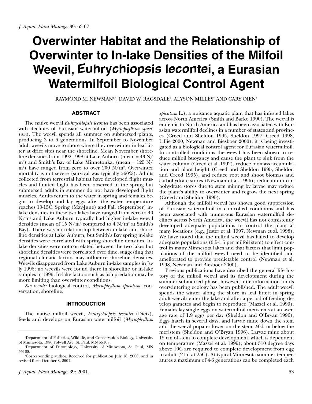 Overwinter Habitat and the Relationship of Overwinter to In