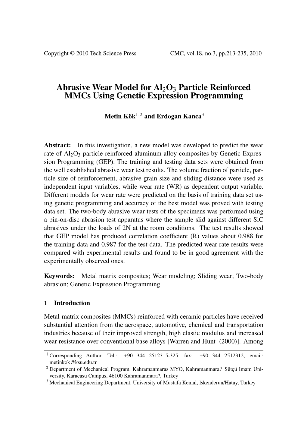 Abrasive Wear Model for Al2o3 Particle Reinforced Mmcs Using Genetic Expression Programming