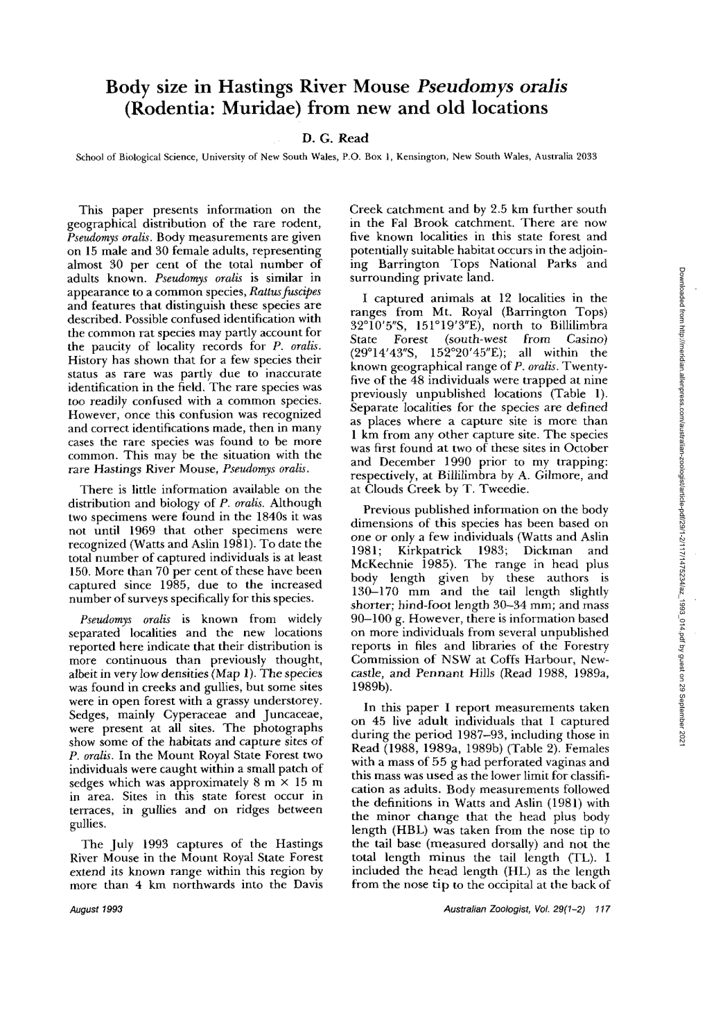 Body Size in Hastings River Mouse Pseudomys Oralis (Rodentia: Muridae) from New and Old Locations