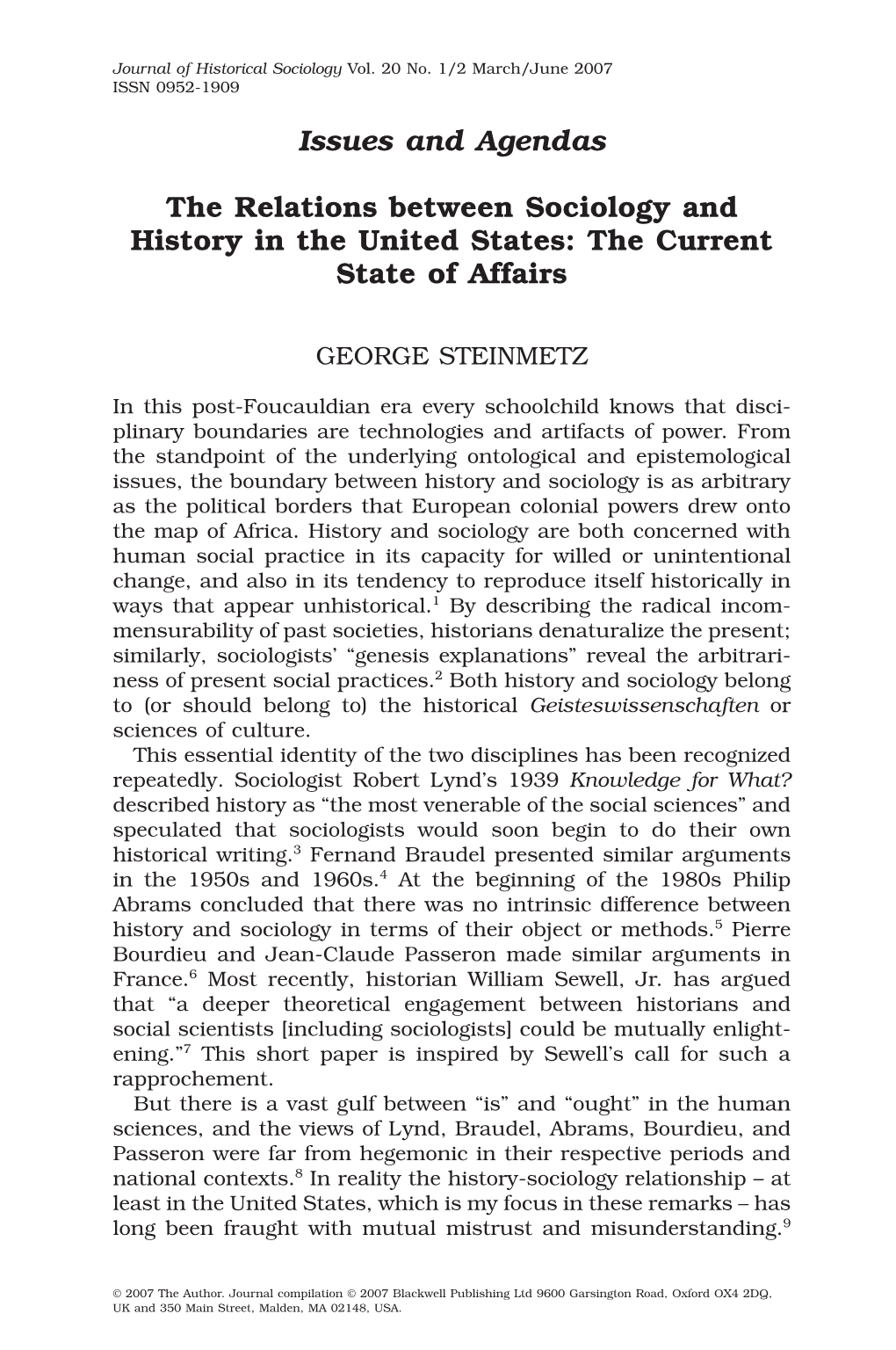 The Relations Between Sociology and History in the United States: the Current State of Affairs