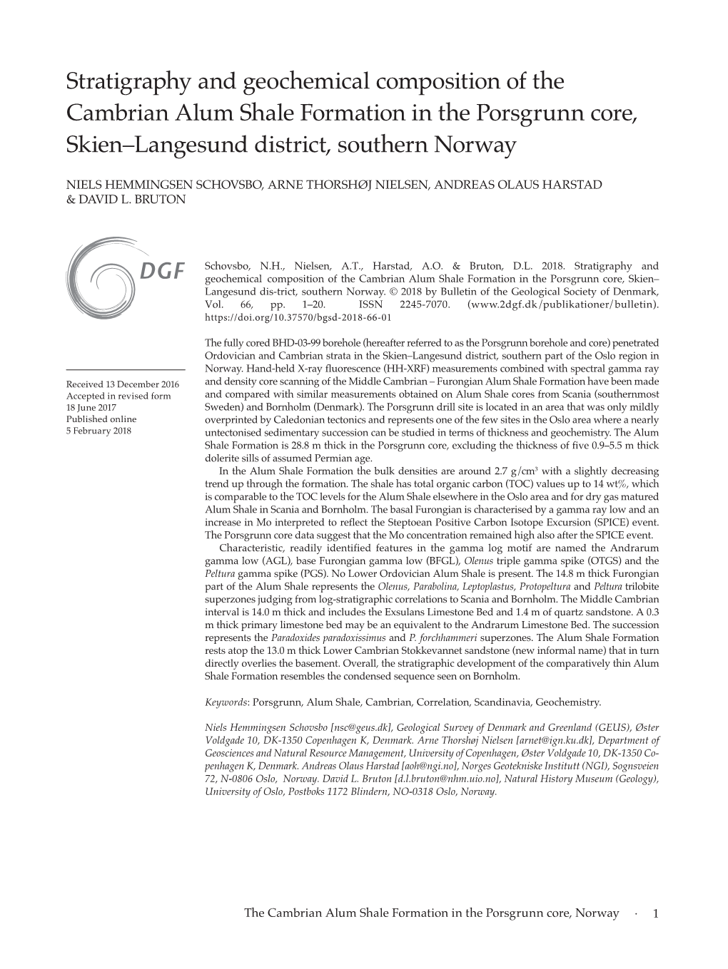 Stratigraphy and Geochemical Composition of the Cambrian Alum Shale Formation in the Porsgrunn Core, Skien–Langesund District, Southern Norway