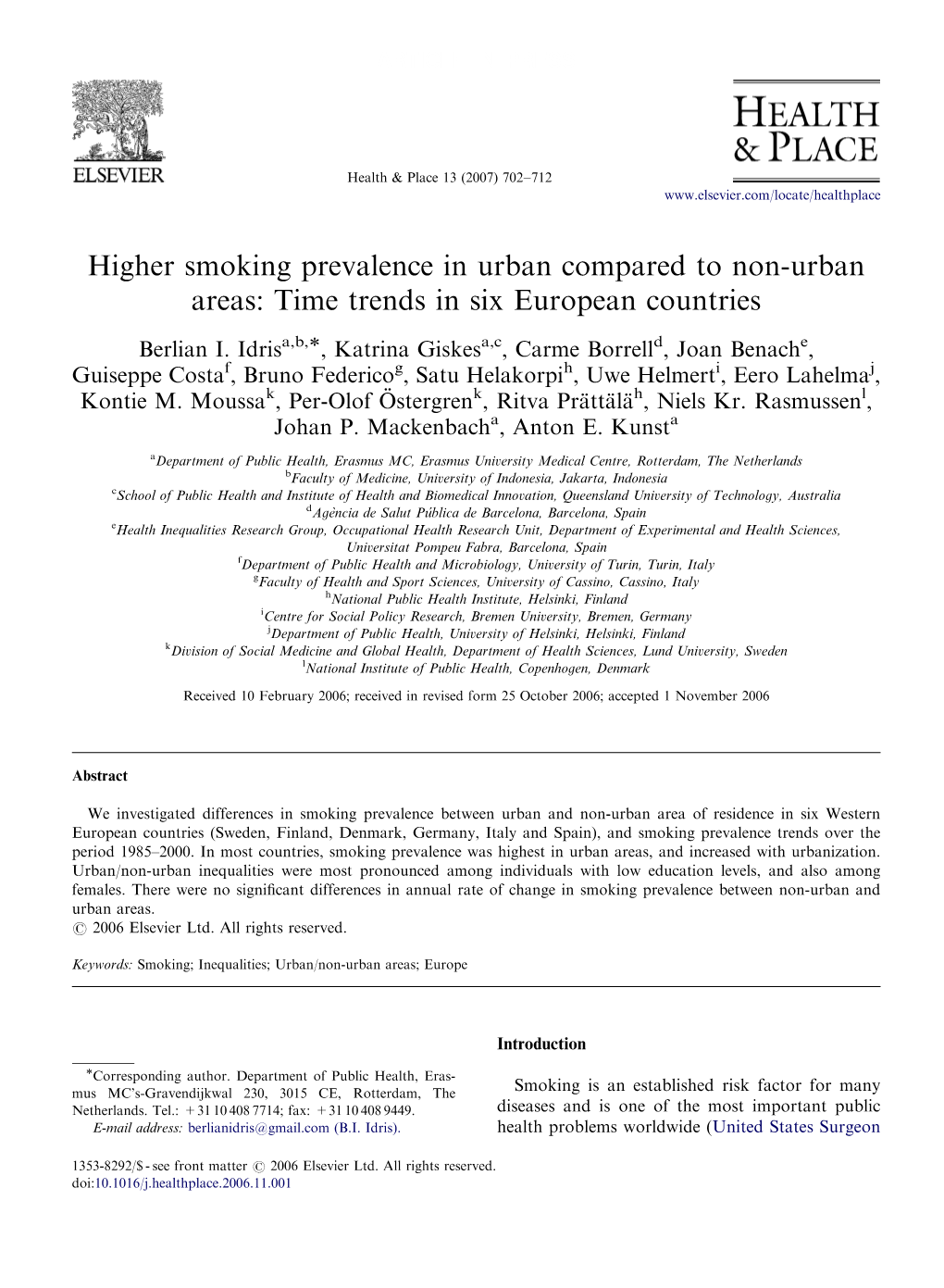 Higher Smoking Prevalence in Urban Compared to Non-Urban Areas: Time Trends in Six European Countries