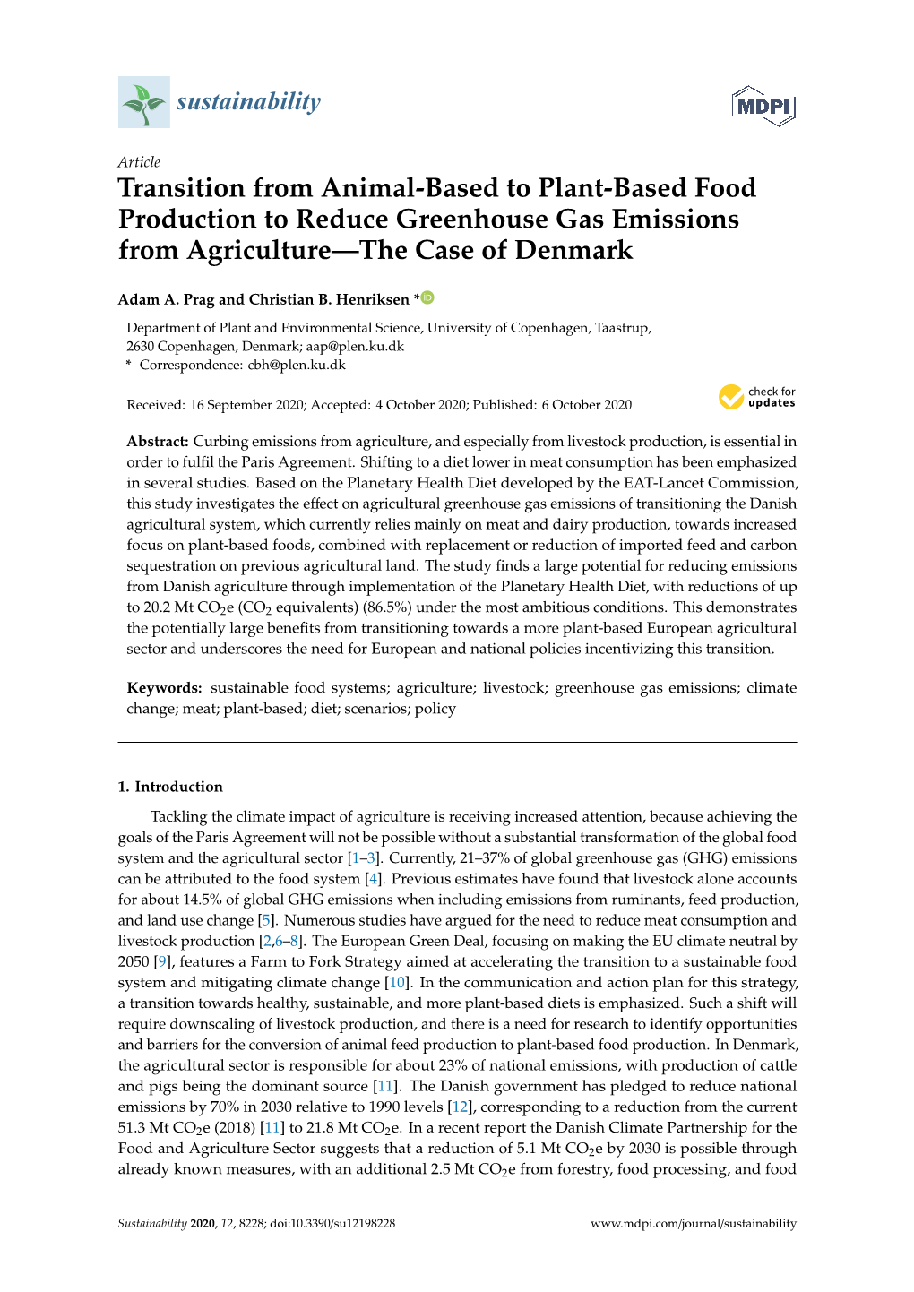 Transition from Animal-Based to Plant-Based Food Production to Reduce Greenhouse Gas Emissions from Agriculture—The Case of Denmark