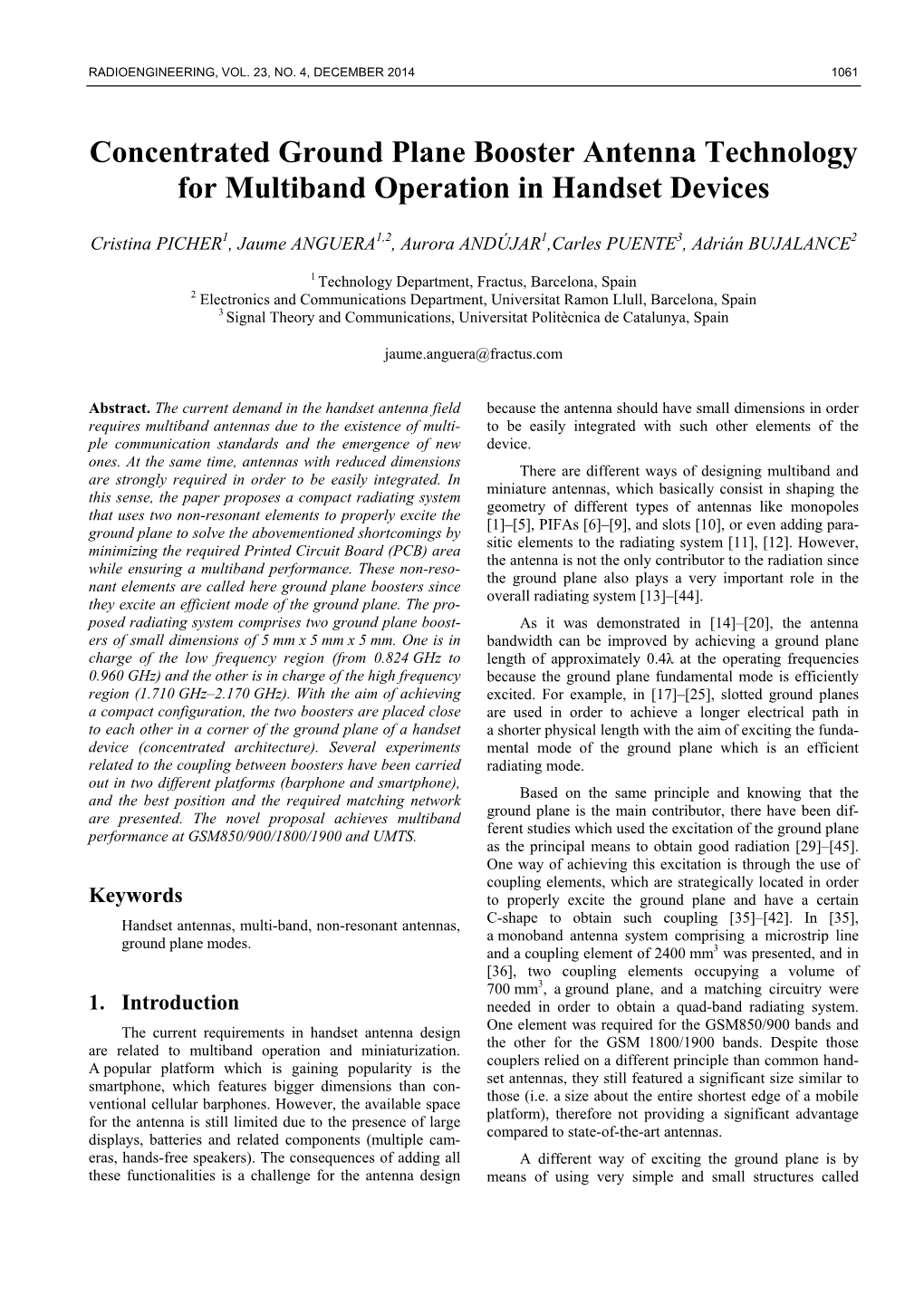 Concentrated Ground Plane Booster Antenna Technology for Multiband Operation in Handset Devices