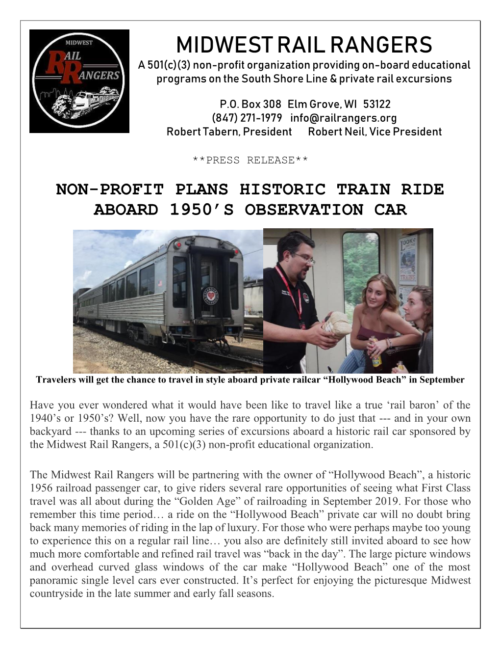 MIDWEST RAIL RANGERS a 501(C)(3) Non-Profit Organization Providing On-Board Educational Programs on the South Shore Line & Private Rail Excursions