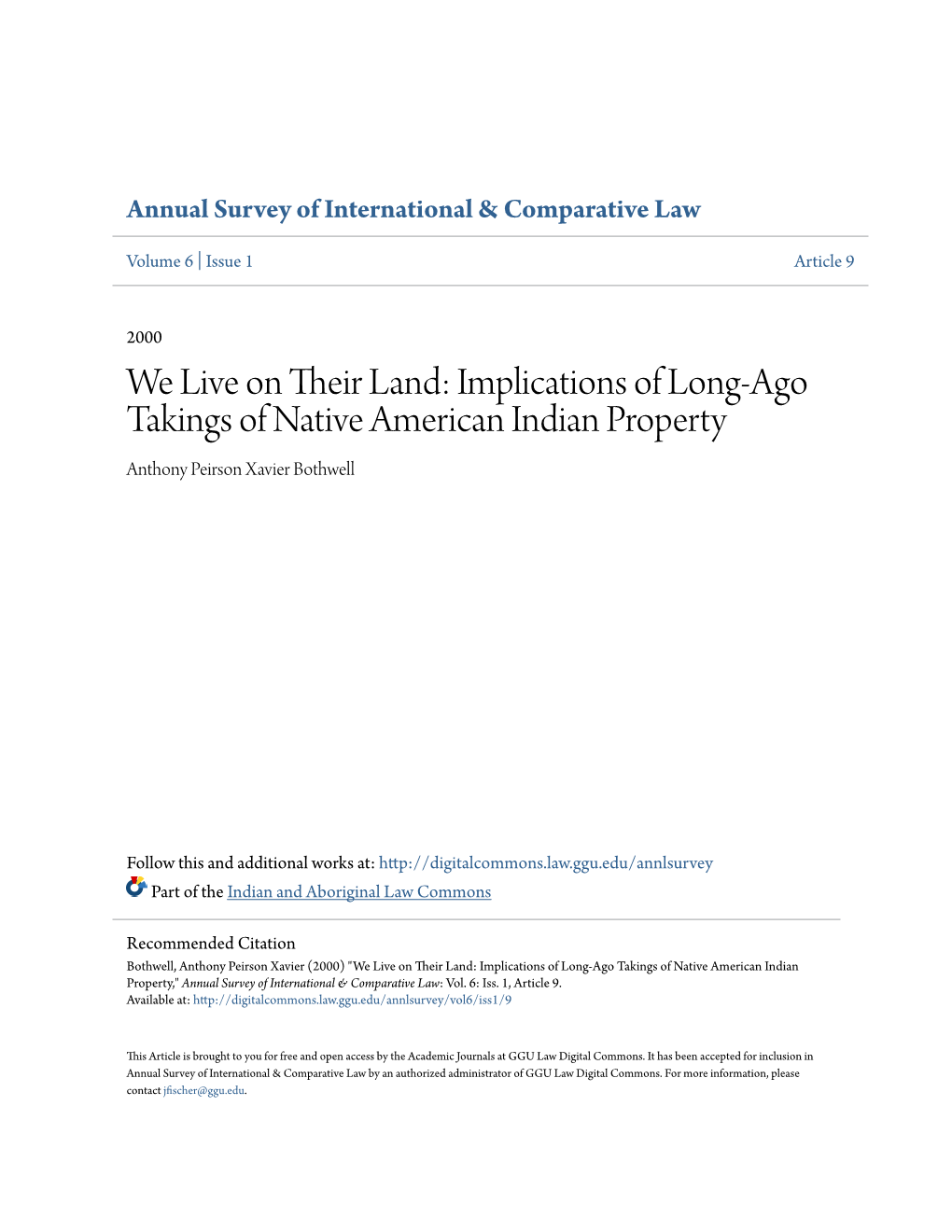 Implications of Long-Ago Takings of Native American Indian Property Anthony Peirson Xavier Bothwell