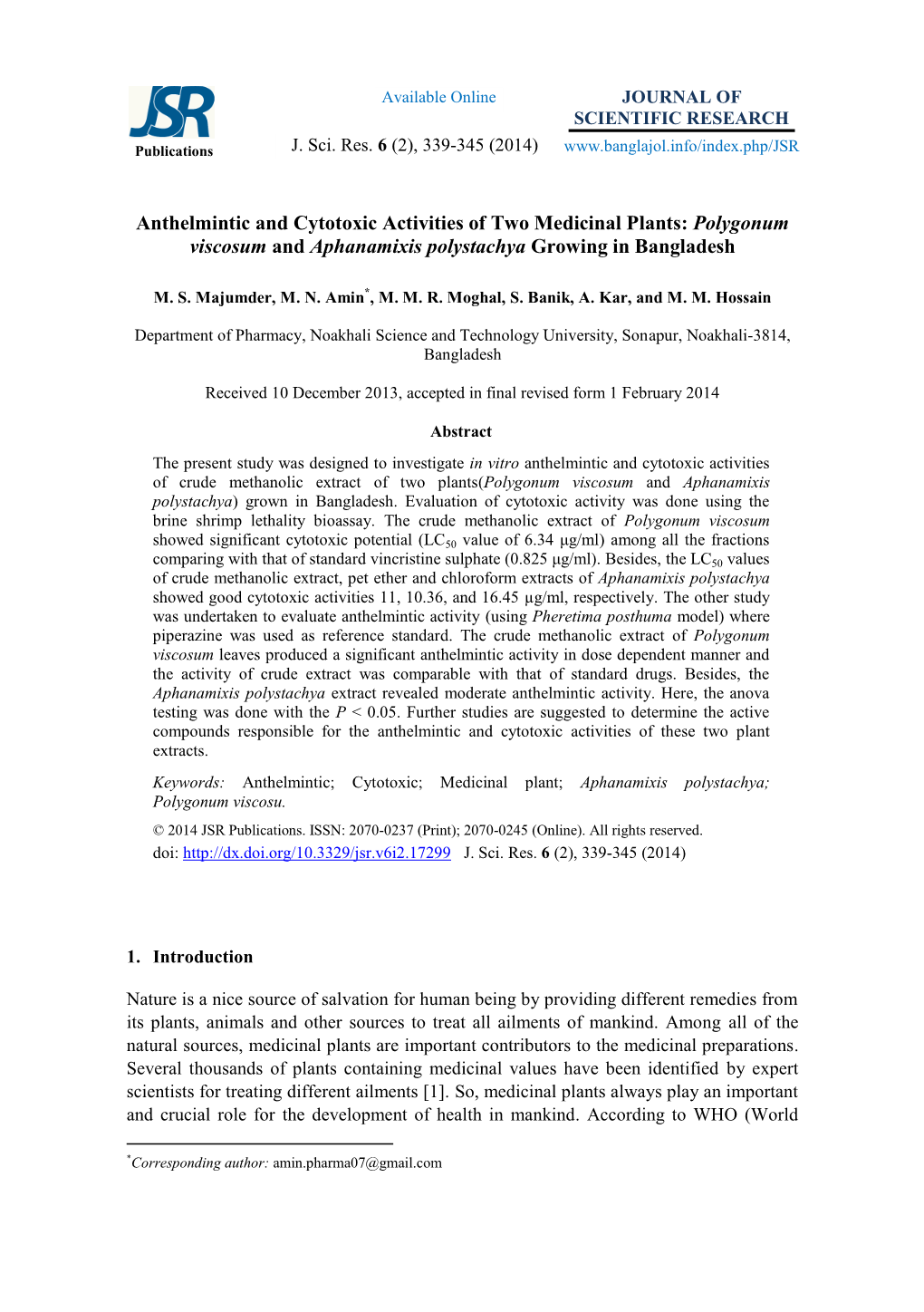 Anthelmintic and Cytotoxic Activities of Two Medicinal Plants: Polygonum Viscosum and Aphanamixis Polystachya Growing in Bangladesh