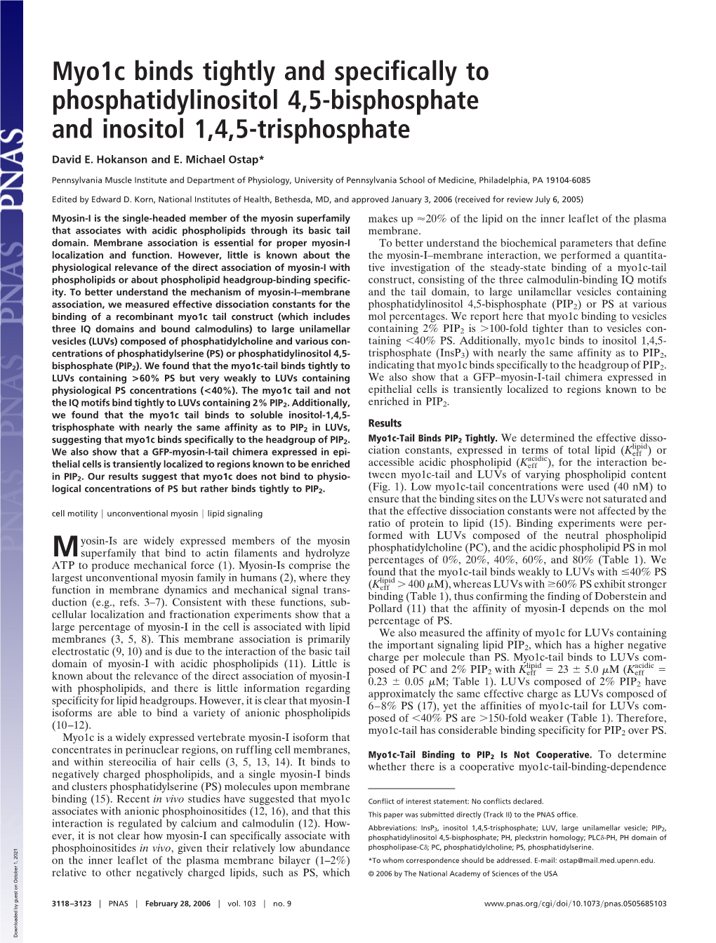 Myo1c Binds Tightly and Specifically to Phosphatidylinositol 4,5-Bisphosphate and Inositol 1,4,5-Trisphosphate