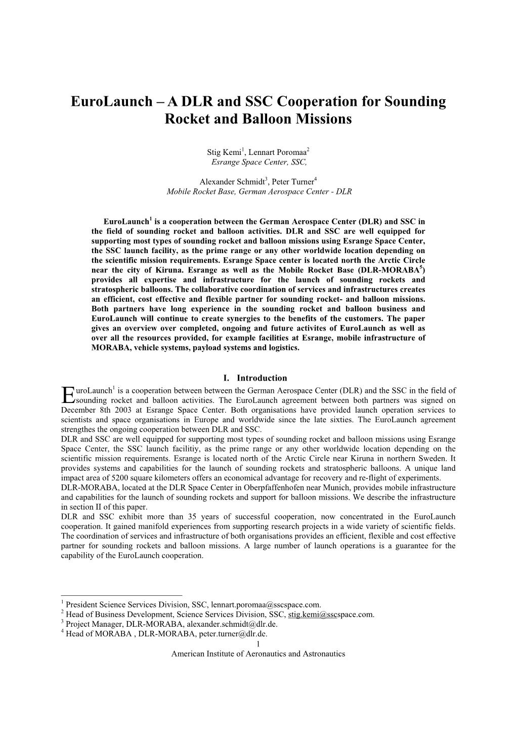 Eurolaunch – a DLR and SSC Cooperation for Sounding Rocket and Balloon Missions