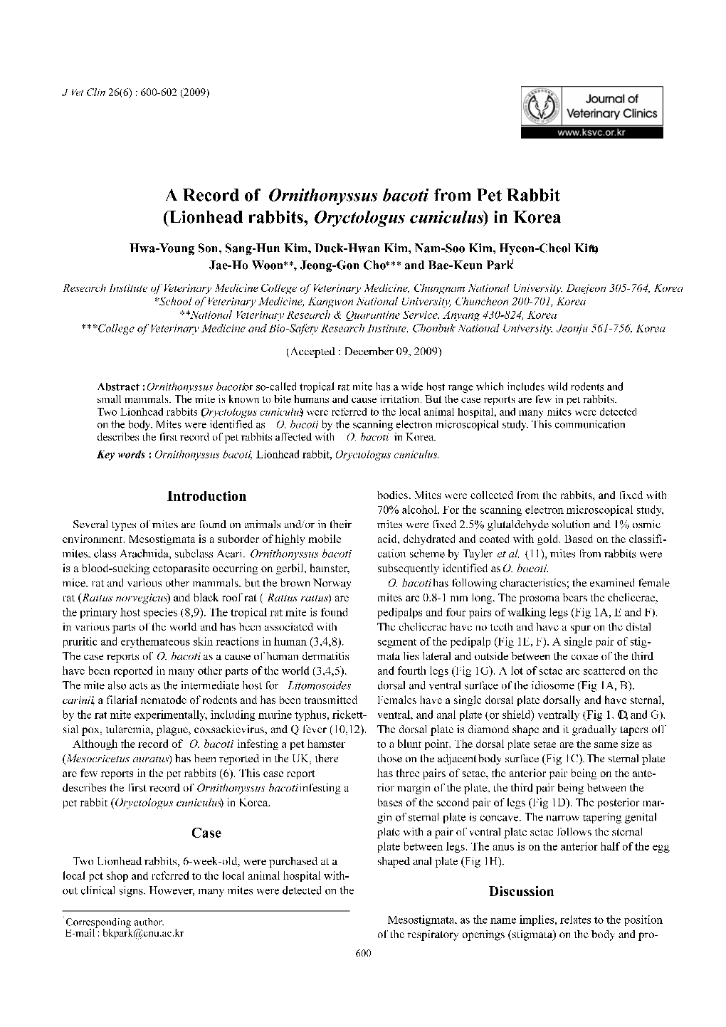 A Record of Ornithonyssus Bacoti from Pet Rabbit (Lionhead Rabbits, Oryctologus Cuniculus) in Korea