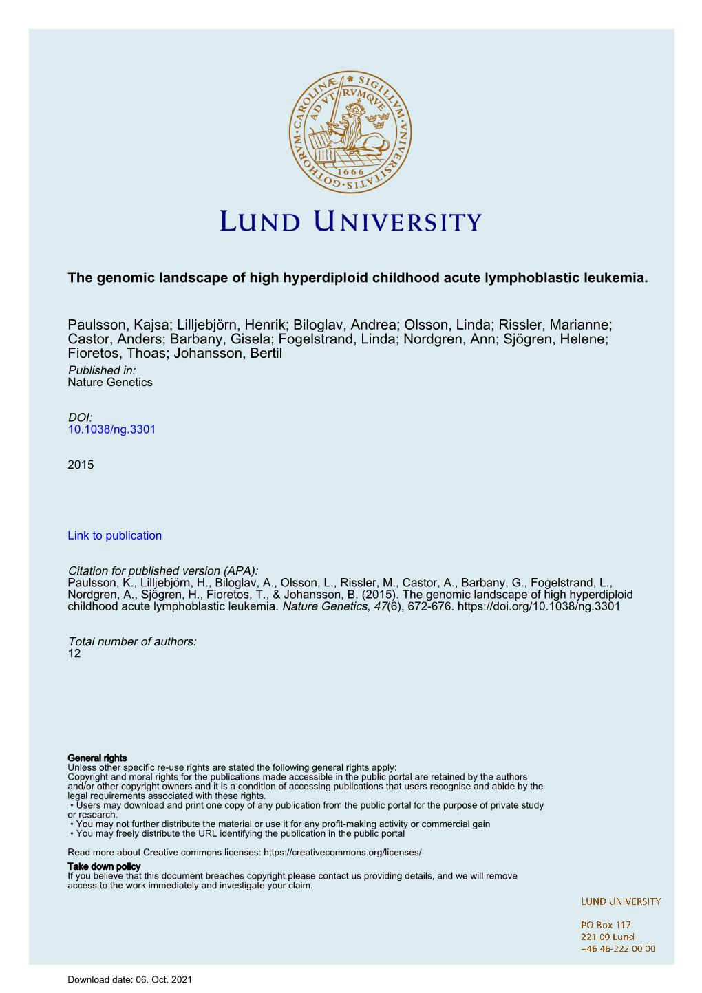 The Genomic Landscape of High Hyperdiploid Childhood Acute Lymphoblastic Leukemia