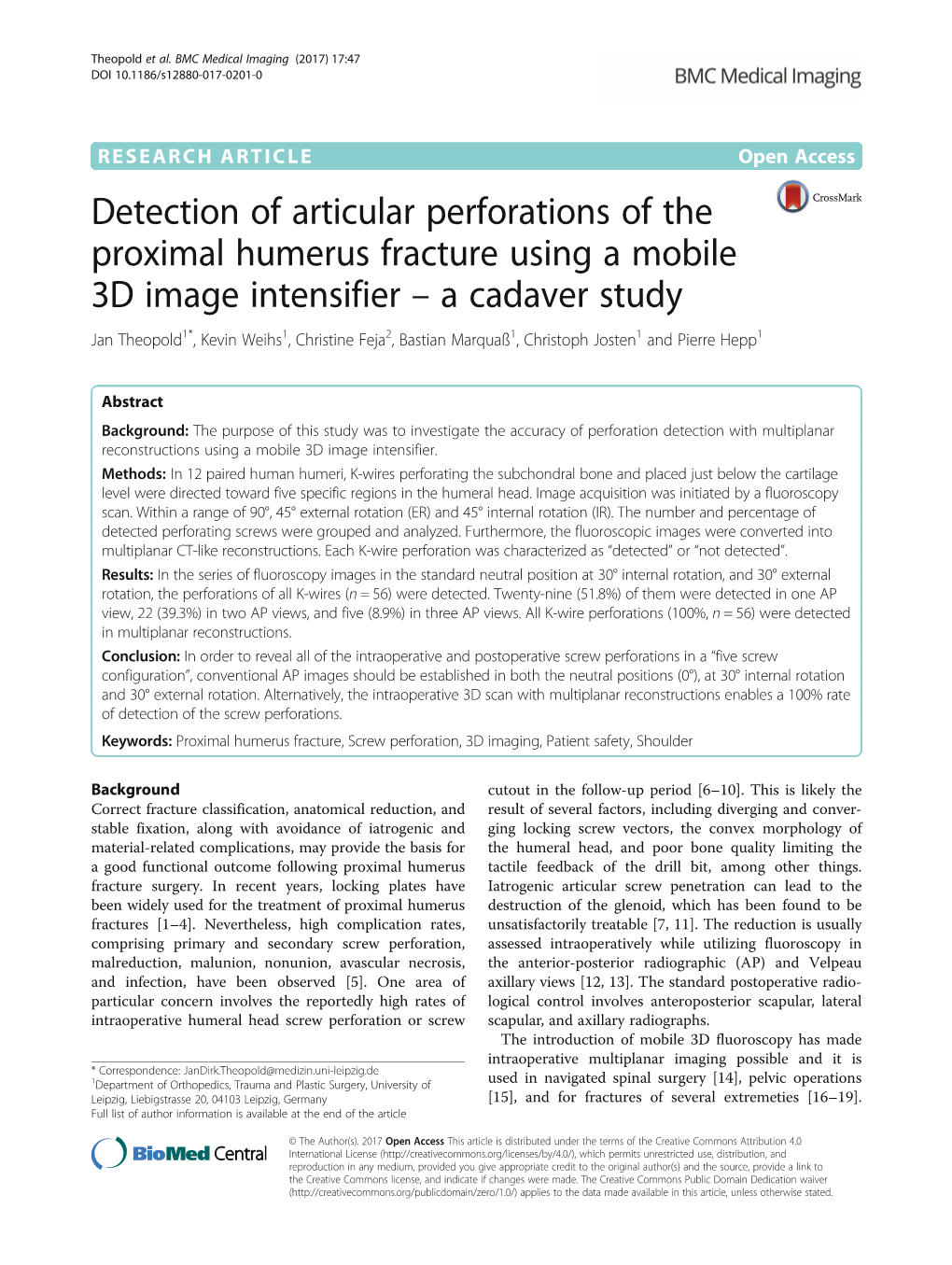 Detection of Articular Perforations of the Proximal Humerus Fracture Using a Mobile 3D Image Intensifier