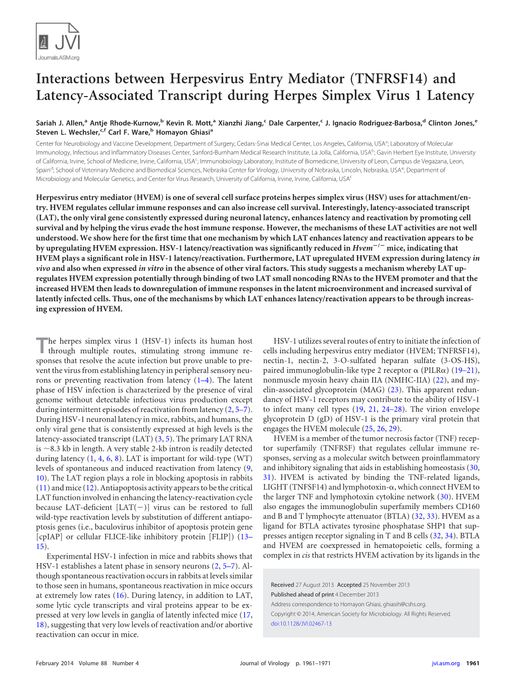 Interactions Between Herpesvirus Entry Mediator (TNFRSF14) and Latency-Associated Transcript During Herpes Simplex Virus 1 Latency