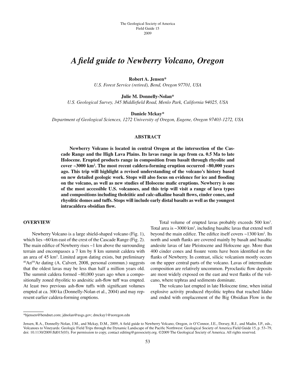 Jensen Et Al., 2009, Field Guide to Newberry Volcano