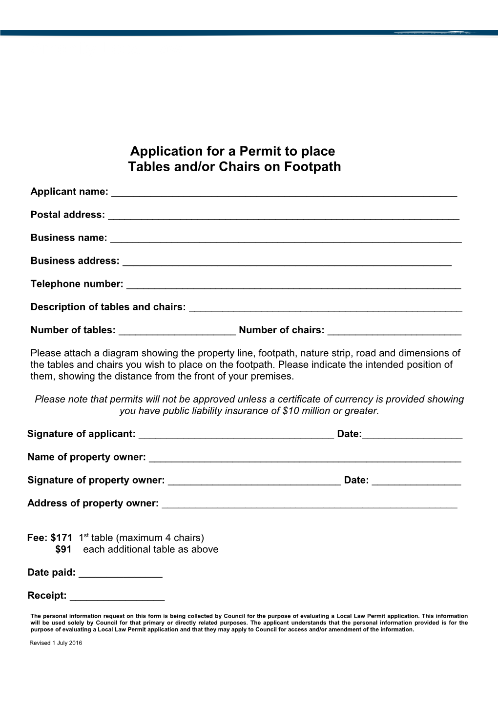 Tables and Chairs Permit Application