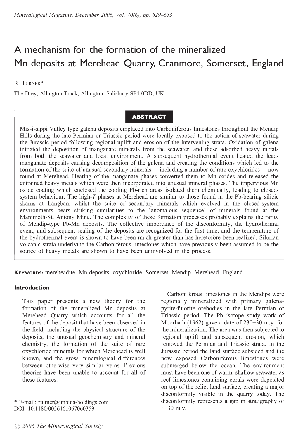 A Mechanism for the Formation of the Mineralized Mn Deposits at Merehead Quarry, Cranmore, Somerset, England