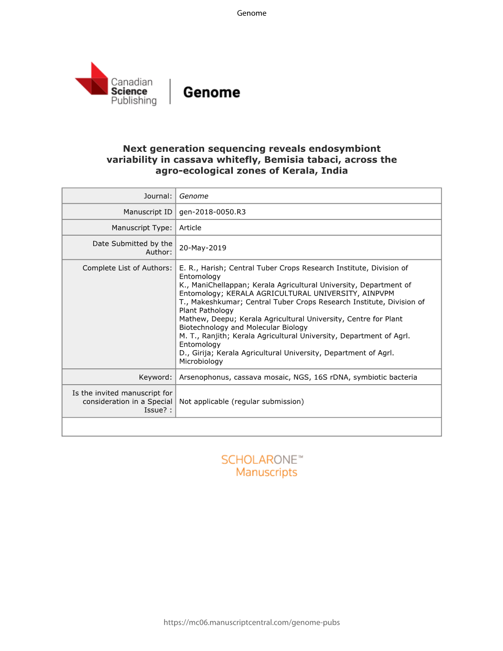 Next Generation Sequencing Reveals Endosymbiont Variability in Cassava Whitefly, Bemisia Tabaci, Across the Agro-Ecological Zones of Kerala, India