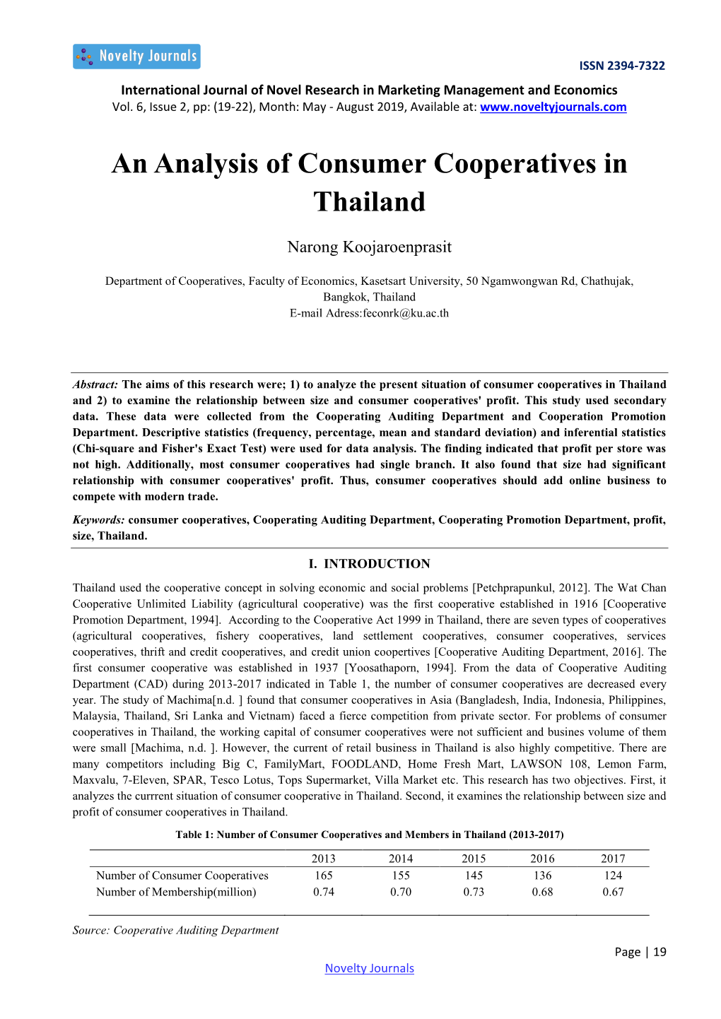 An Analysis of Consumer Cooperatives in Thailand