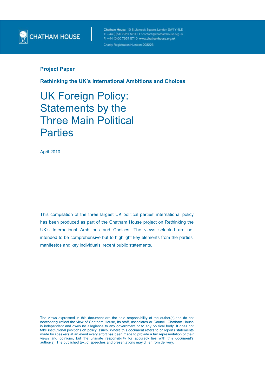 UK Foreign Policy: Statements by the Three Main Political Parties