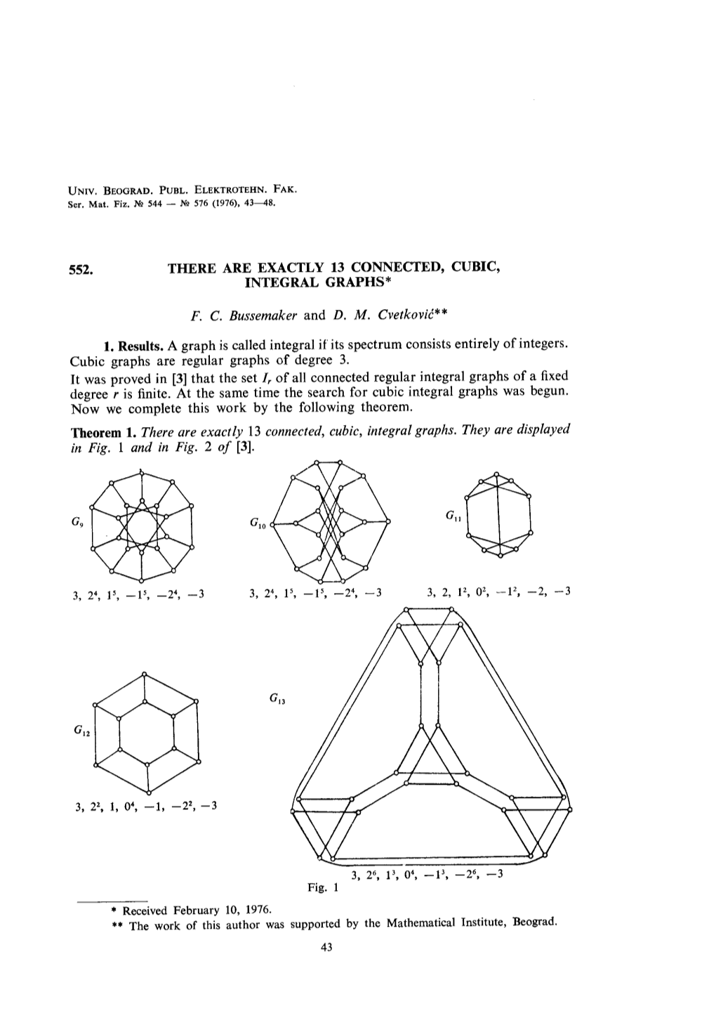 THERE ARE EXACTLY 13 CONNECTED, CUBIC, INTEGRAL GRAPHS* F. C. Bussemaker and D. M. Cvetkovic** 1. Results. a Graph Is Called