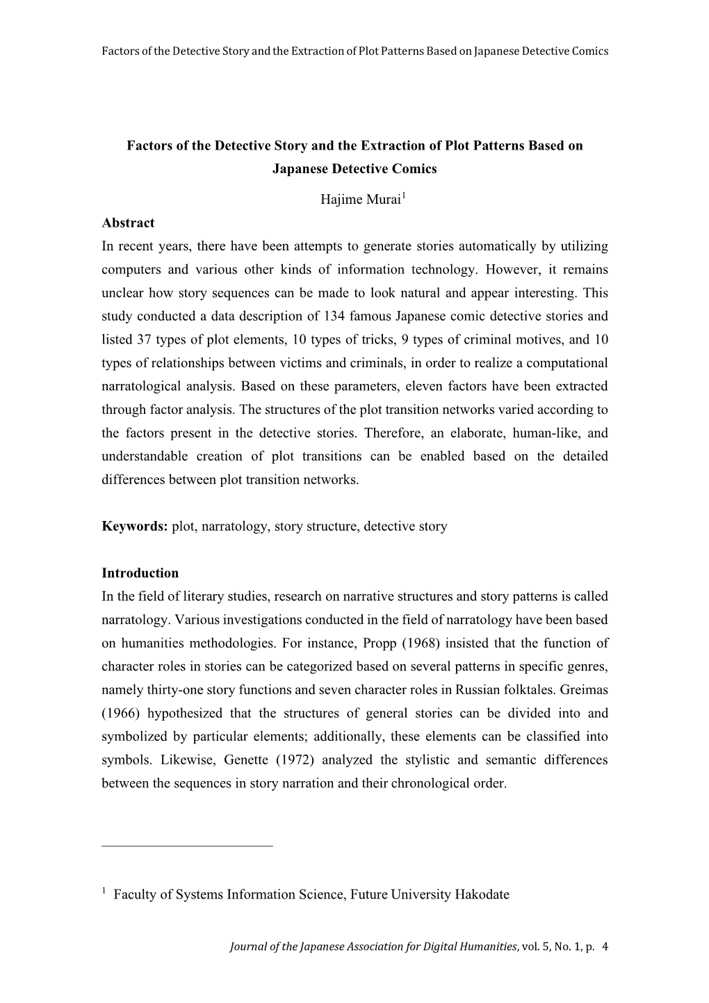 Factors of the Detective Story and the Extraction of Plot Patterns Based on Japanese Detective Comics