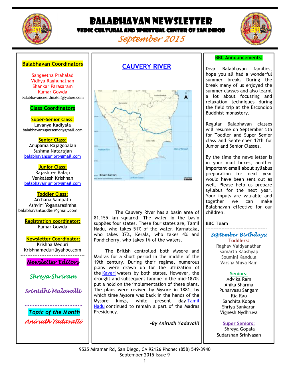 BALABHAVAN NEWSLETTER VEDIC CULTURAL and SPIRITUAL CENTER of SAN DIEGO September 2015