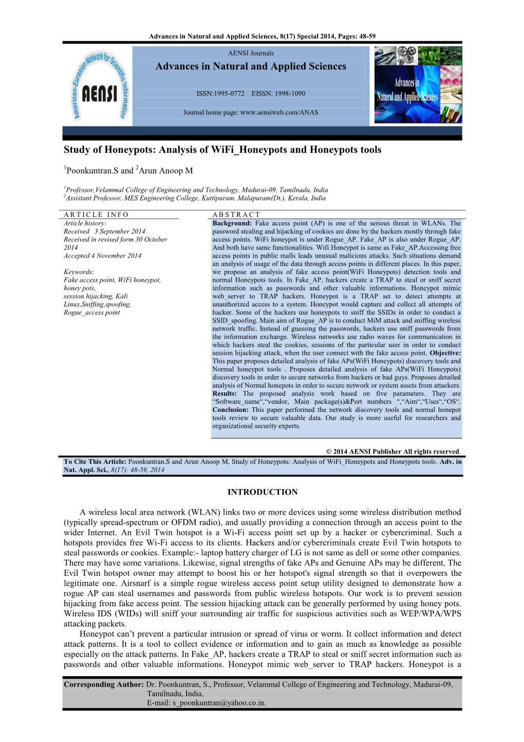 Advances in Natural and Applied Sciences Study of Honeypots