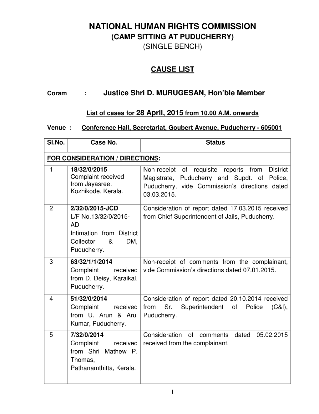 (Camp Sitting at Puducherry) (Single Bench) Cause List