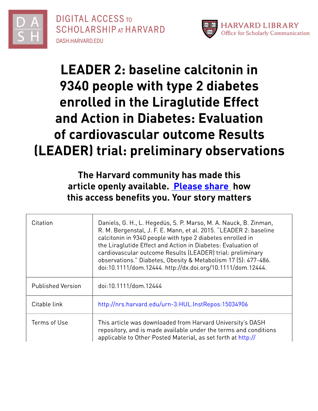 Baseline Calcitonin in 9340 People with Type 2 Diabetes Enrolled in the Liraglutide Effect and Action in Diabetes