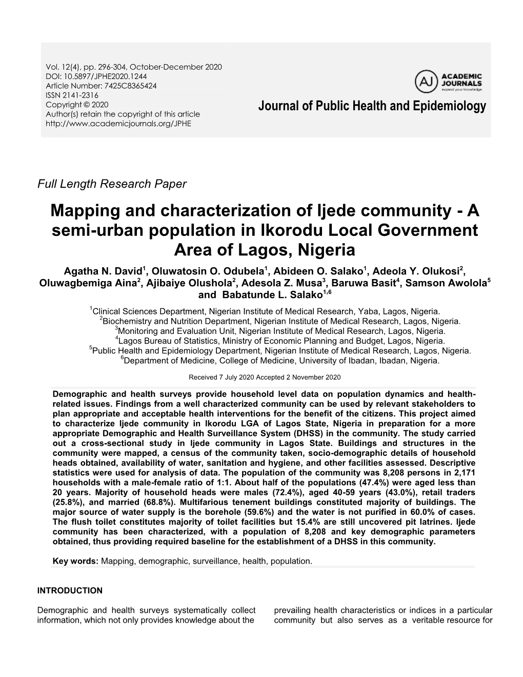 Mapping and Characterization of Ijede Community - a Semi-Urban Population in Ikorodu Local Government Area of Lagos, Nigeria