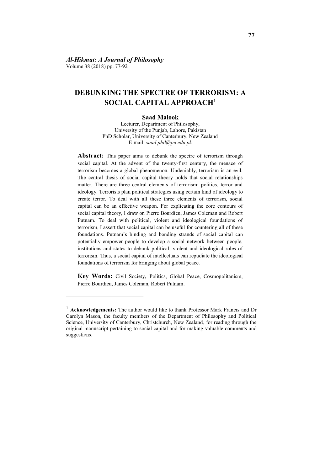 Debunking the Spectre of Terrorism: a Social Capital Approach1