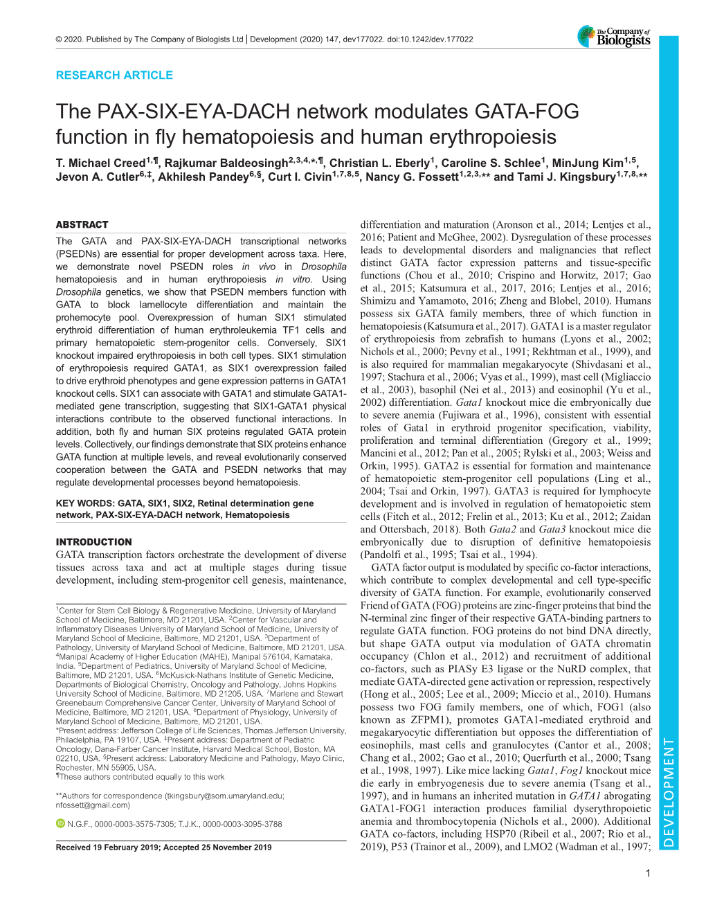 The PAX-SIX-EYA-DACH Network Modulates GATA-FOG Function in Fly Hematopoiesis and Human Erythropoiesis T