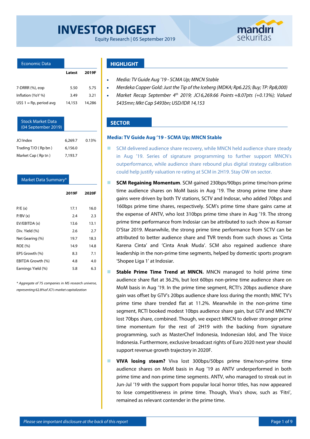 INVESTOR DIGEST Equity Research | 05 September 2019