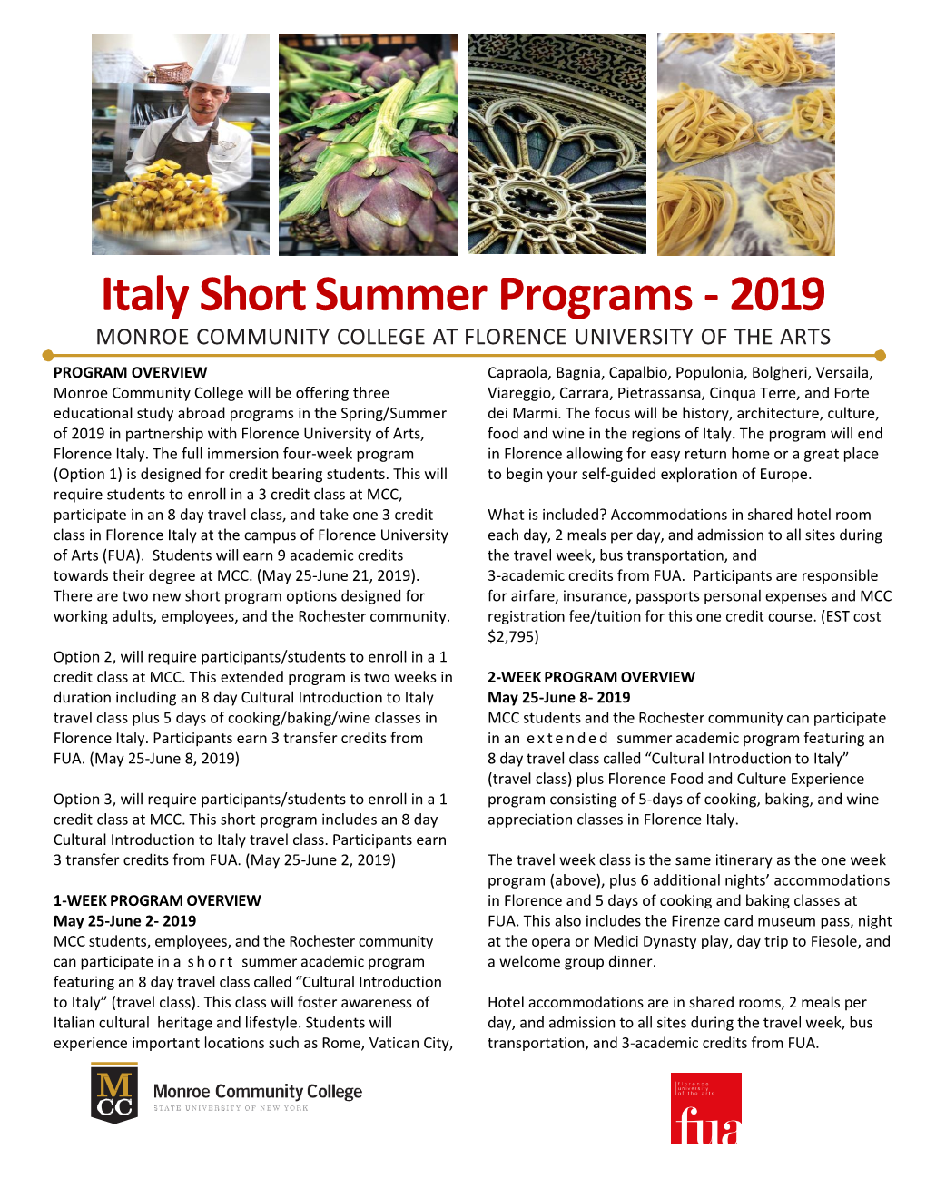 Italy Short Summer Programs - 2019 MONROE COMMUNITY COLLEGE at FLORENCE UNIVERSITY of the ARTS