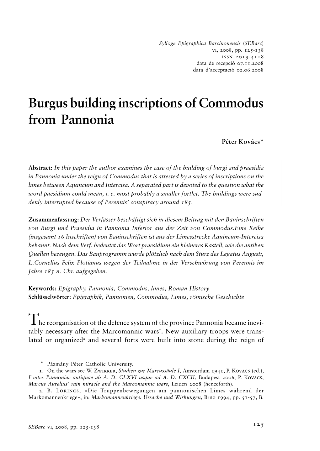 Burgus Building Inscriptions of Commodus from Pannonia