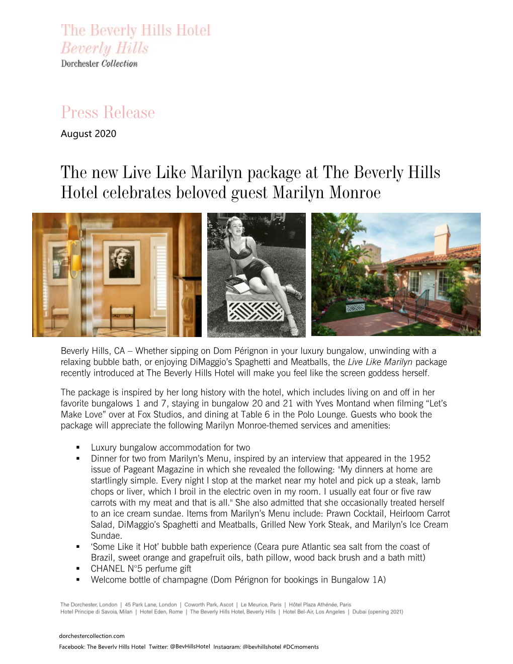 The New Live Like Marilyn Package at the Beverly Hills Hotel Celebrates Beloved Guest Marilyn Monroe