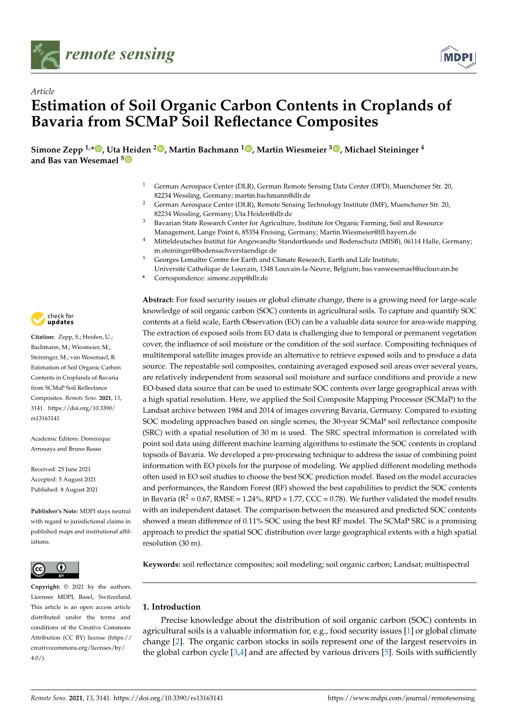 Estimation of Soil Organic Carbon Contents in Croplands of Bavaria from Scmap Soil Reﬂectance Composites