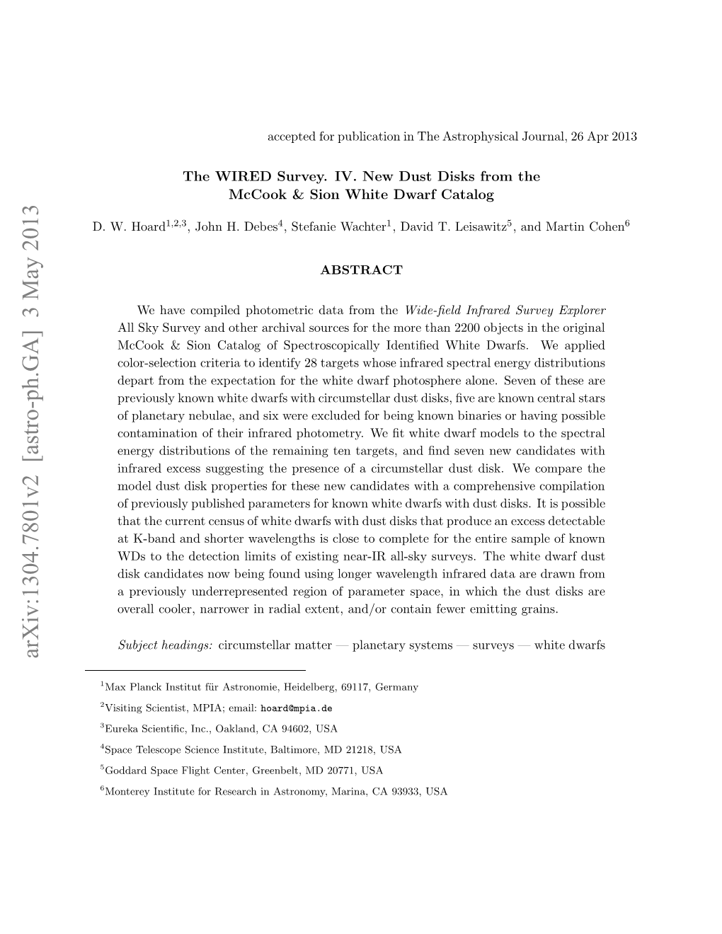 Arxiv:1304.7801V2 [Astro-Ph.GA] 3 May 2013 .W Hoard W