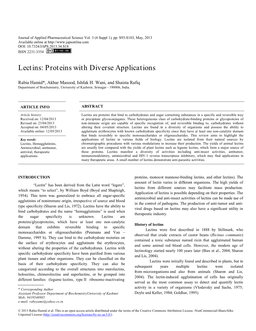 Lectins: Proteins with Diverse Applications