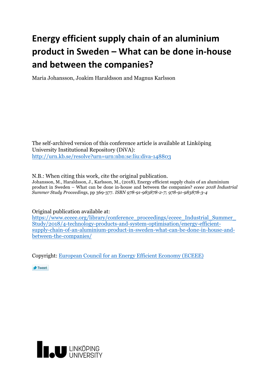 Energy Efficient Supply Chain of an Aluminium Product In