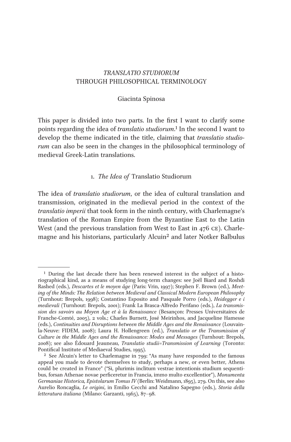 Translatio Studiorum Through Philosophical Terminology Giacinta