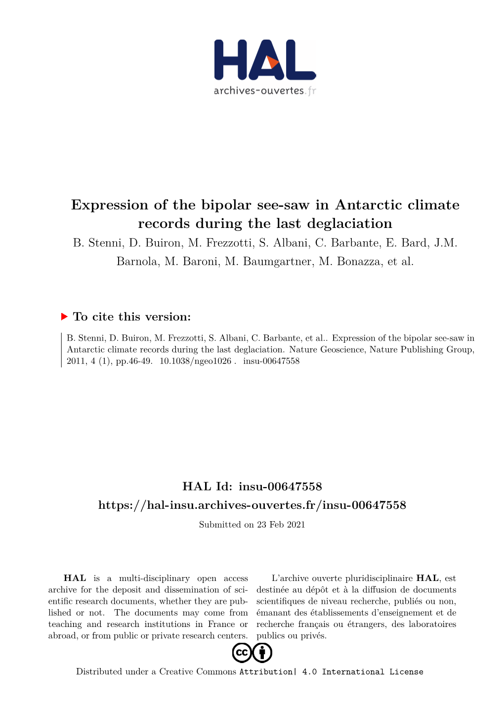 Expression of the Bipolar See-Saw in Antarctic Climate Records During the Last Deglaciation B