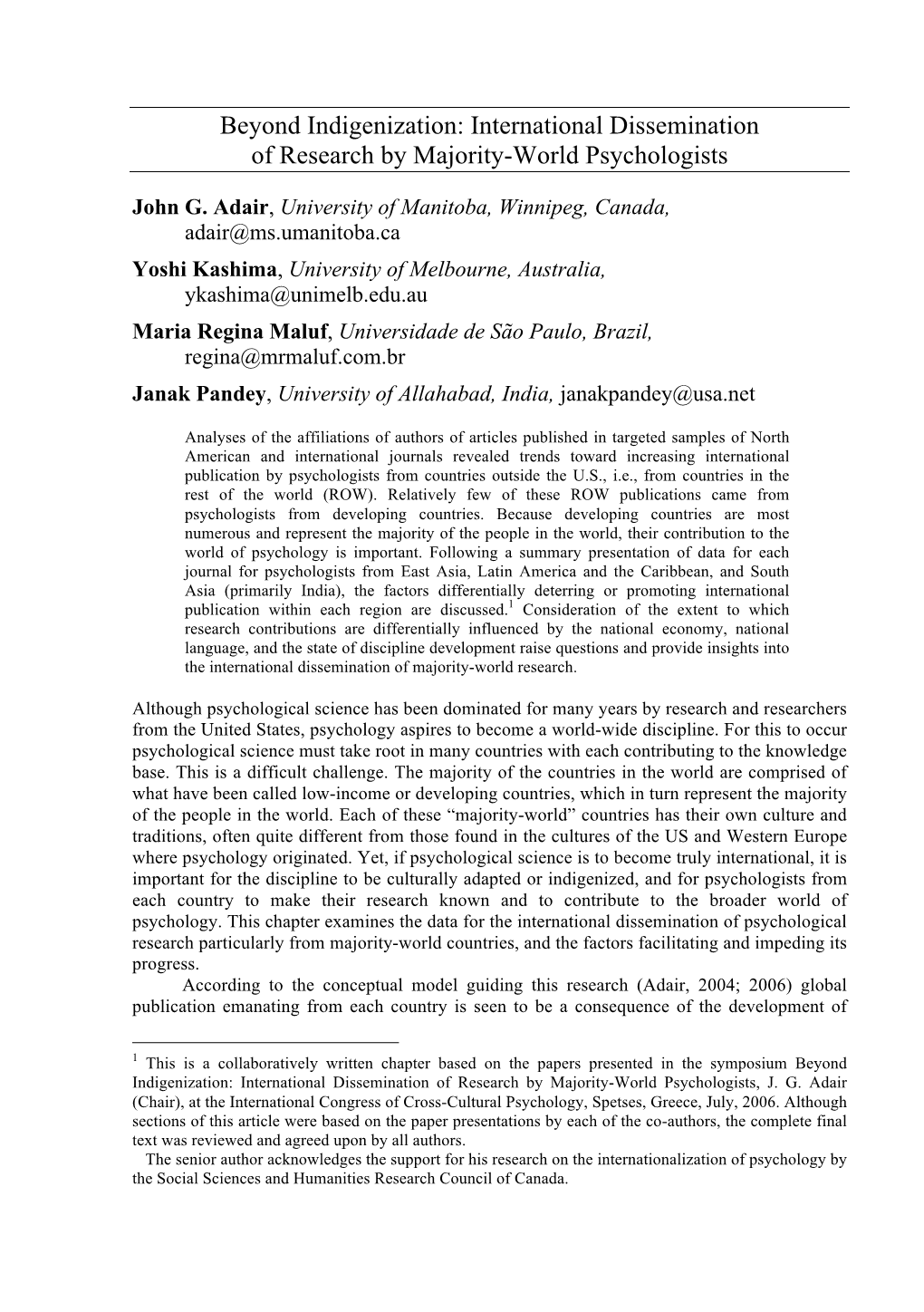 Beyond Indigenization: International Dissemination of Research by Majority-World Psychologists