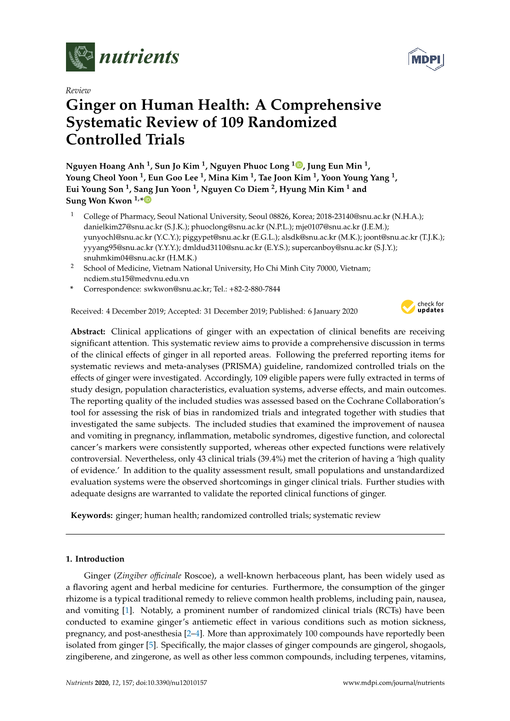 Ginger on Human Health: a Comprehensive Systematic Review of 109 Randomized Controlled Trials