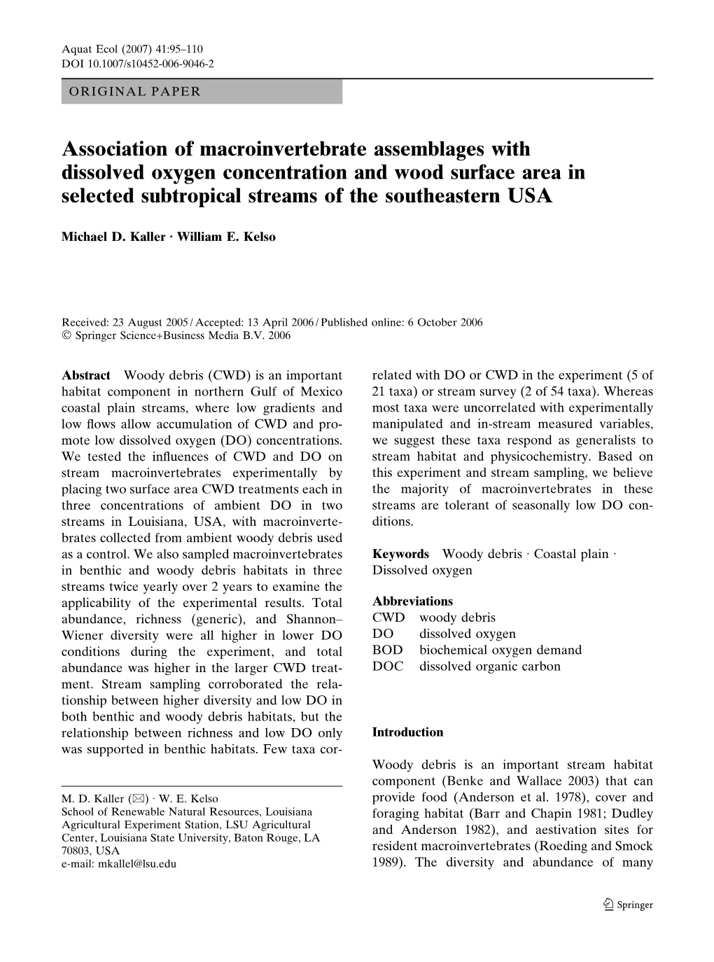 Association of Macroinvertebrate Assemblages with Dissolved Oxygen Concentration and Wood Surface Area in Selected Subtropical Streams of the Southeastern USA