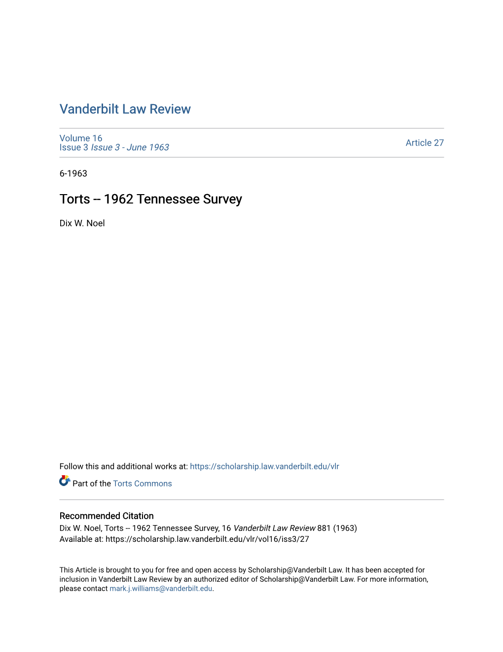 Torts -- 1962 Tennessee Survey