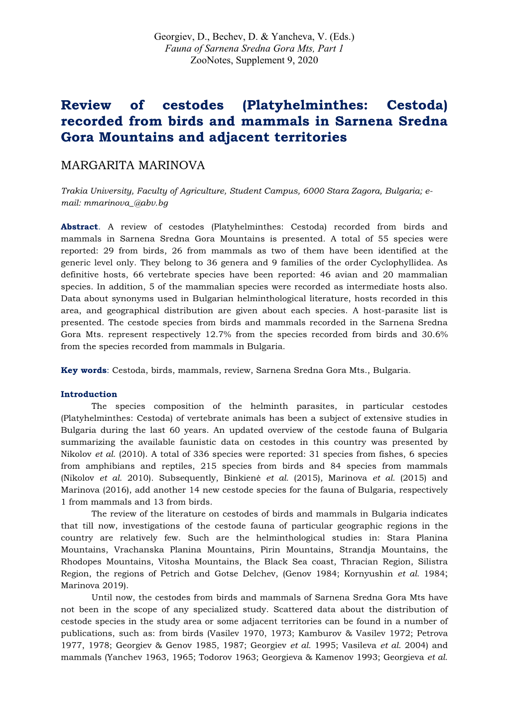 Review of Cestodes (Platyhelminthes: Cestoda) Recorded from Birds and Mammals in Sarnena Sredna Gora Mountains and Adjacent Territories