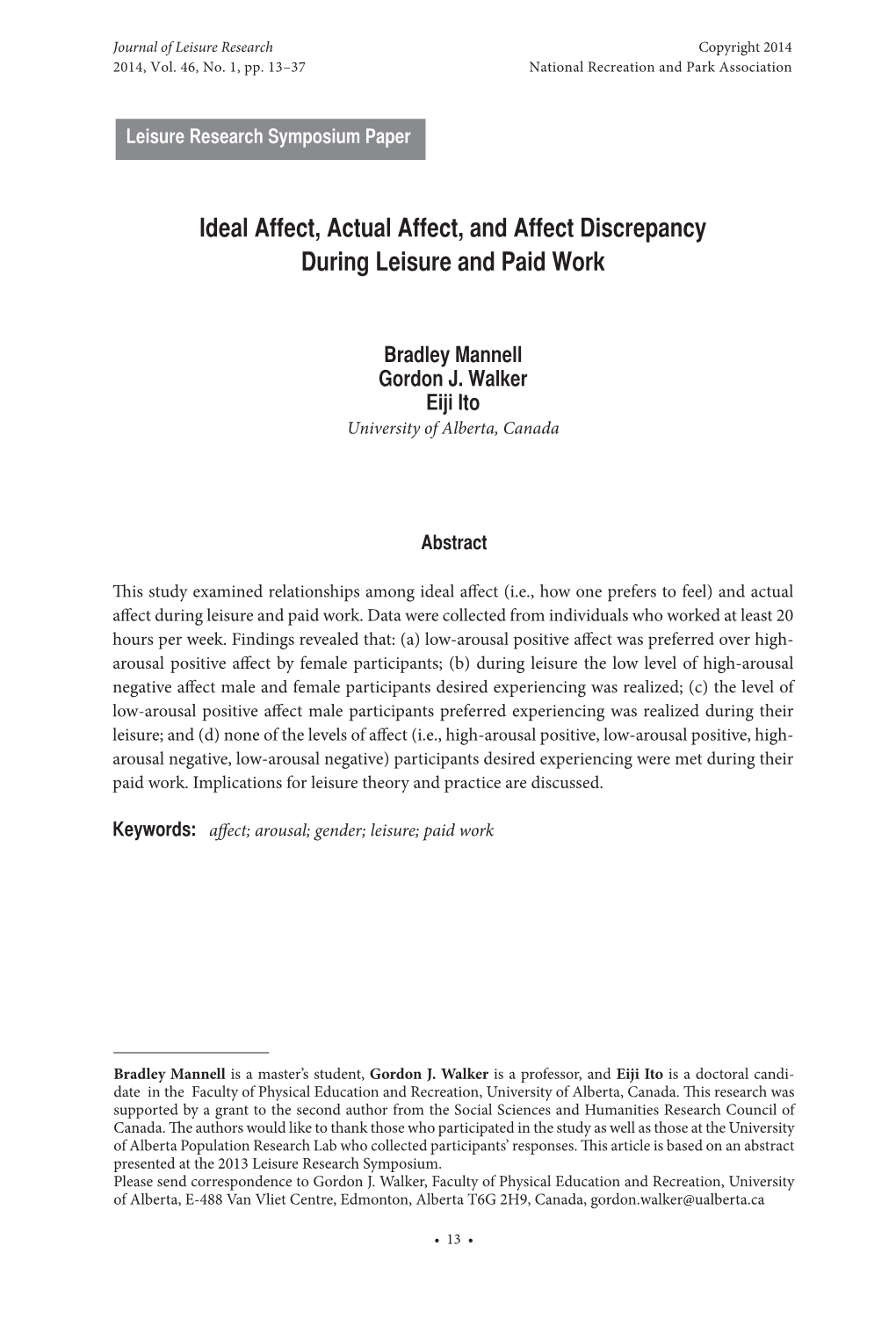 Ideal Affect, Actual Affect, and Affect Discrepancy During Leisure and Paid Work
